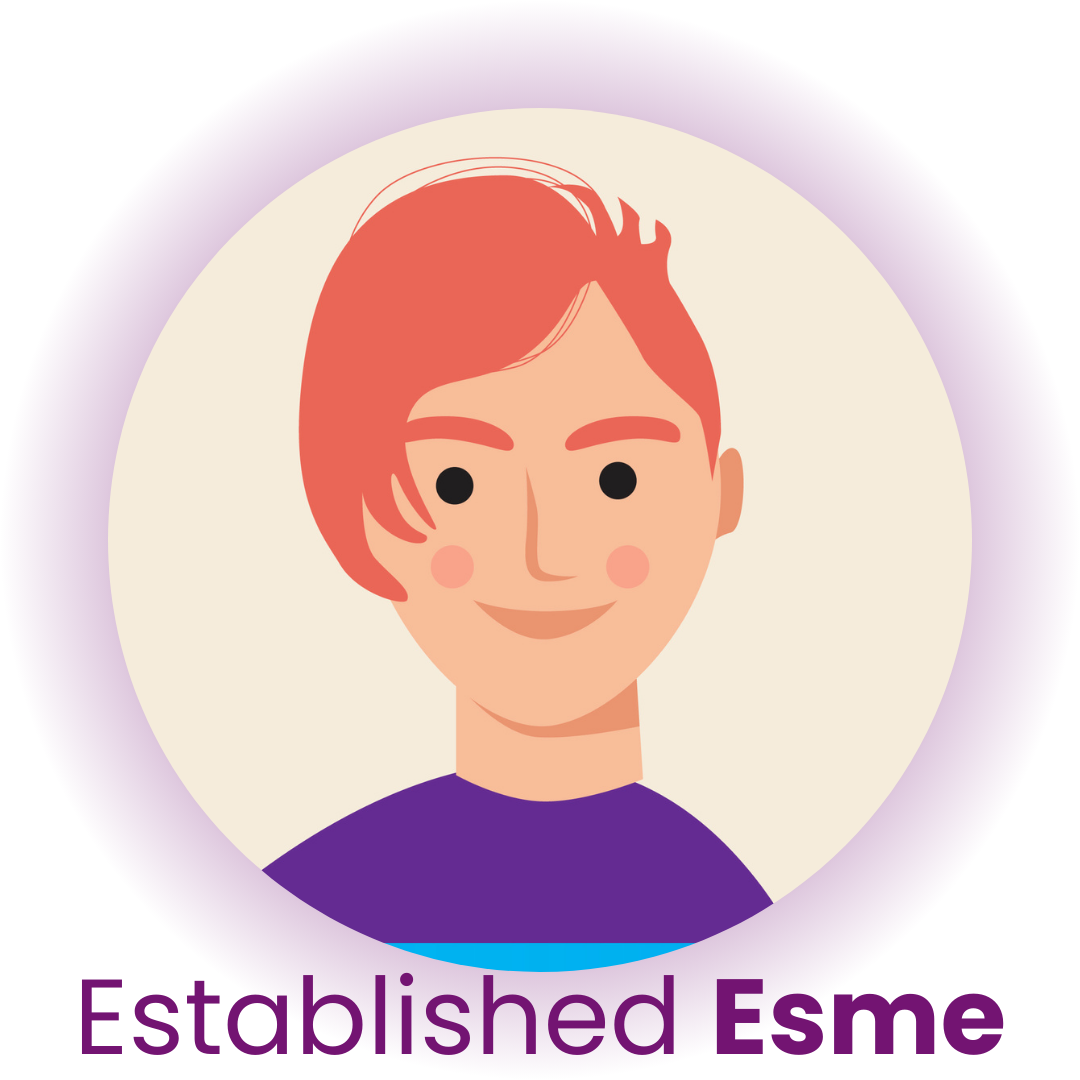 Established Esme: Illustration of a person who has light skin, short red hair, and is smiling.