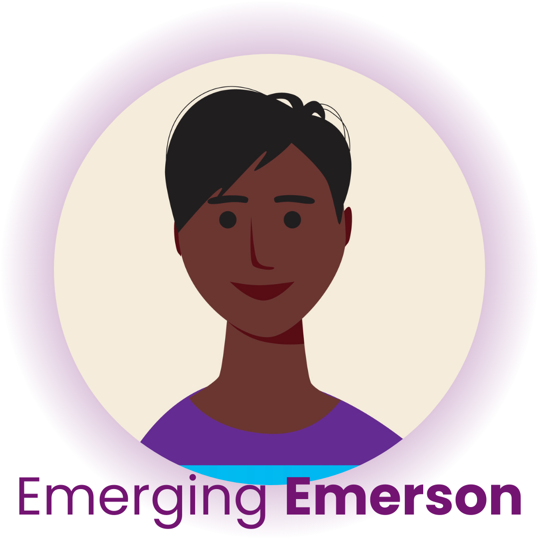 Emerging Emerson. Illustration of a person who has brown skin, short black hair, and is smiling.
