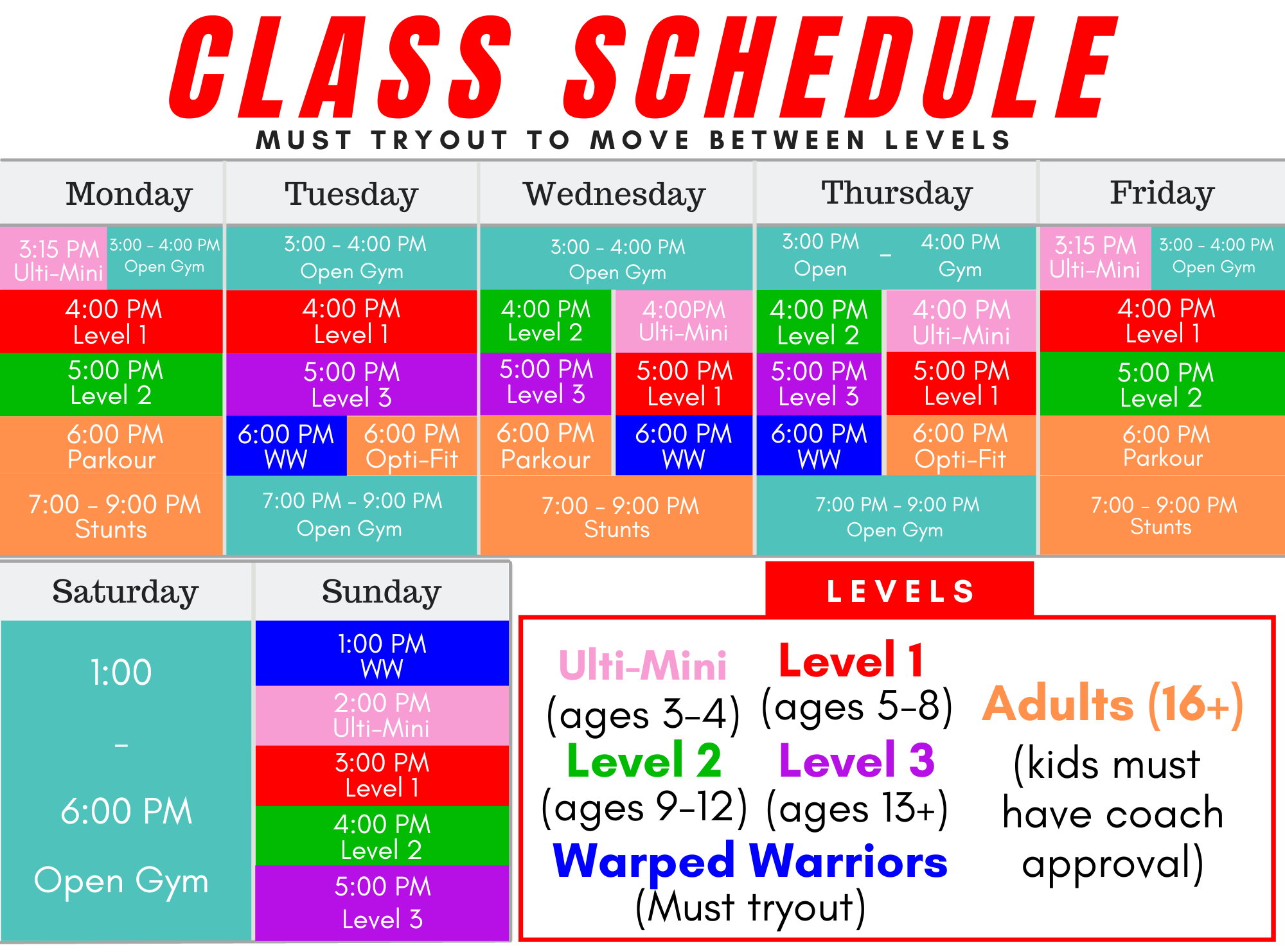 Ninja Gym Kids Schedule