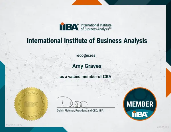 Certificate of Appreciation given to Amy Graves from the International Institute of Business Analysis I