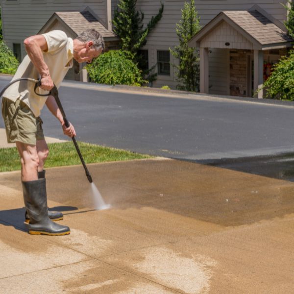 man cleaning a concrete driveway