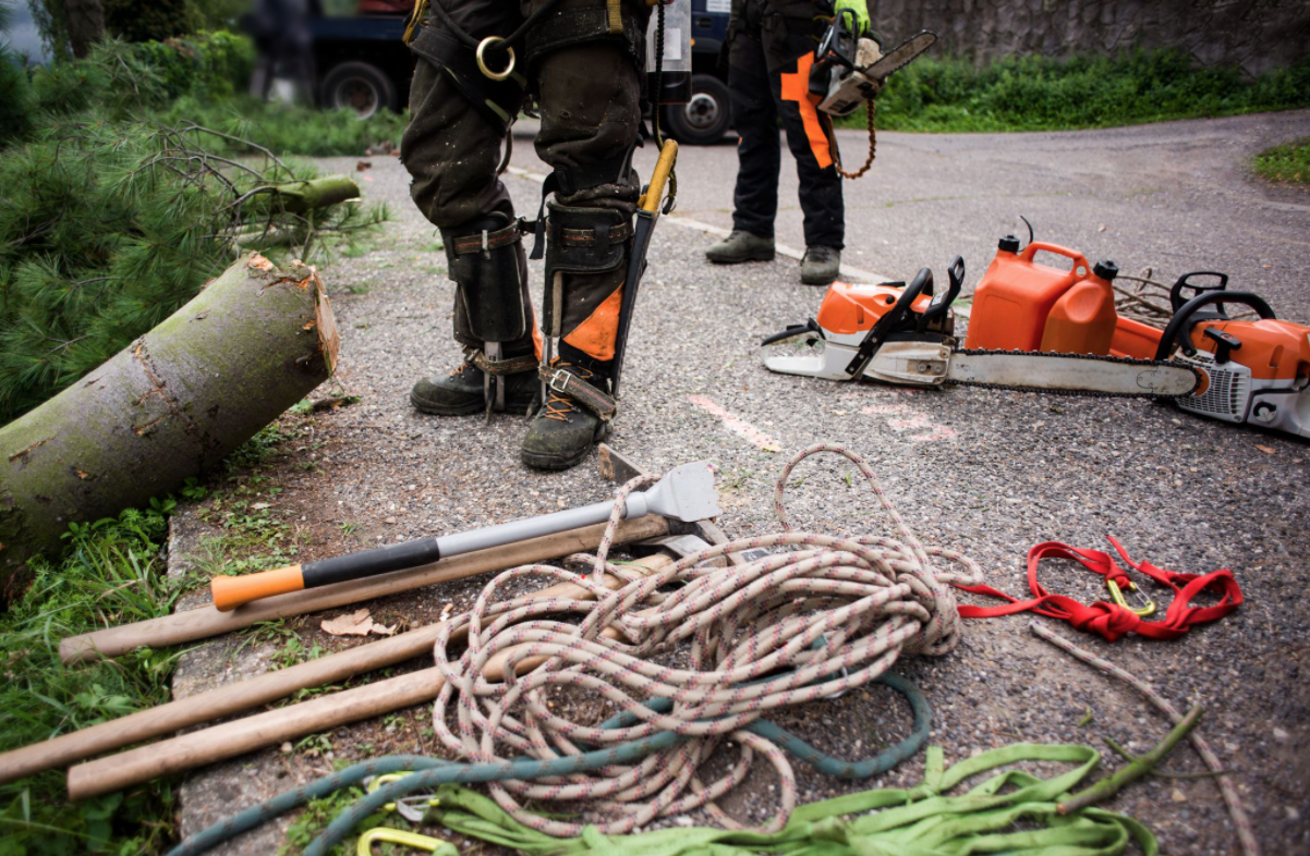 Various tree surgery safety equipment lying on a road including chainsaws and climbing ropes for an emergency tree felling job in Kent.