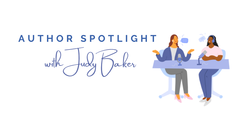 Author Spotlight with Judy Baker, two women talking into microphones