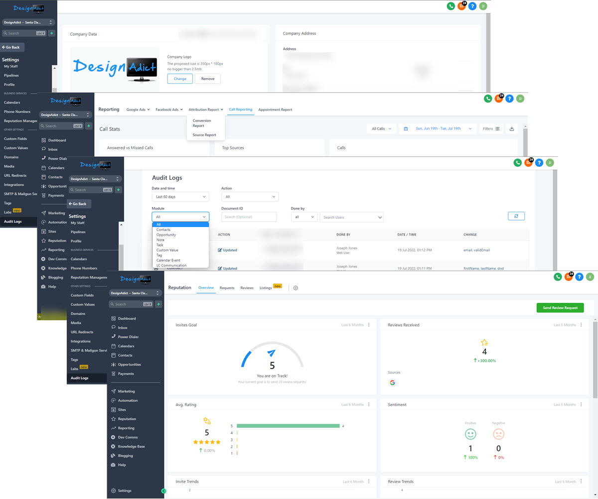 Business in a Box Screenshots - Mssive Settings, Reporting & Analytics, User Logs/Audit, Review Manager