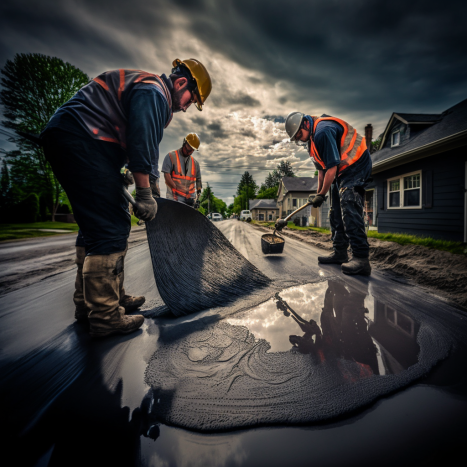 three asphalt contractors fixing an asphalt road