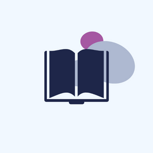 navy blue open book with ovals and circles behind it