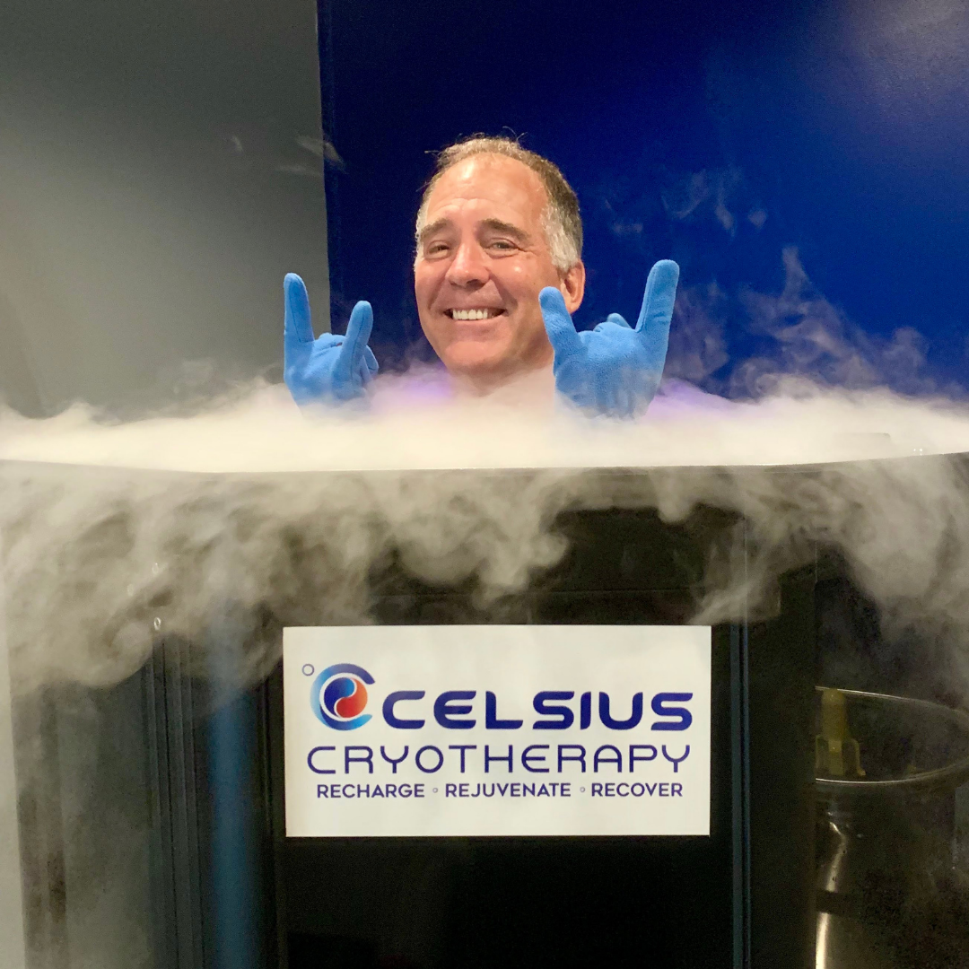 a man rocking out in a cryotherapy chamber because he is excited to feel betterbe getting the 